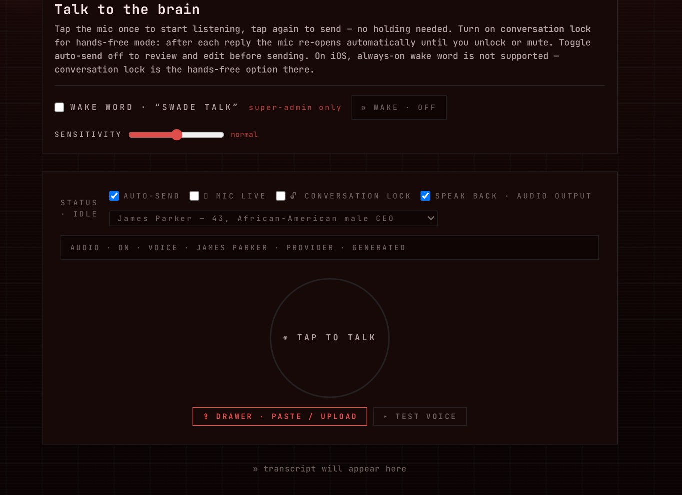 The voice screen showing tap-to-talk controls, voice selection and wake word settings